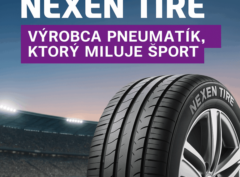 Ilustračná grafika zobrazujúca značku Nexen Tire s pretekárskym autom na pozadí, symbolizujúca spojenie výrobcu pneumatík so športovým svetom